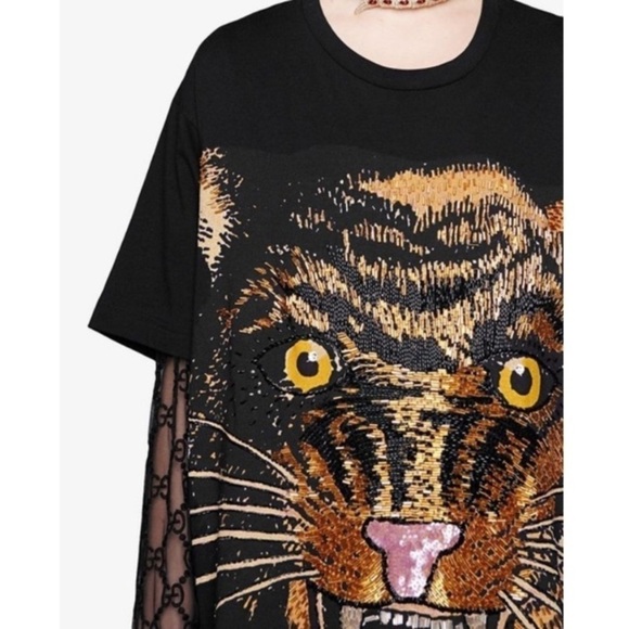 Gucci | Oversized Feline Print T-shirt Top Embroidered Beaded Size Small - Picture 11 of 11